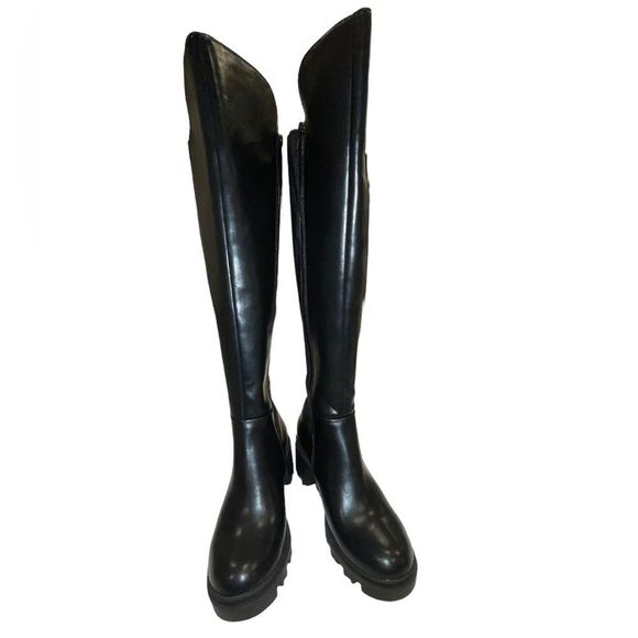Beautiful Knee-High Stretch Panel Vegan 🌱 Leather Chunky Sole Boots - NWT - Picture 2 of 7